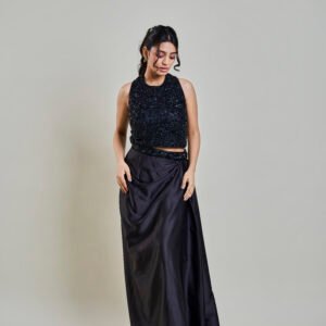 Black Sequin Crop with Pre-Draped Satin Skirt Set | by Chetaali Guptaah