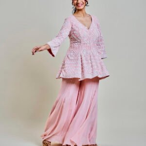 Blush Bloom Embroidered Peplum Top with Flowy Palazzo Set | by Chetaali Guptaah