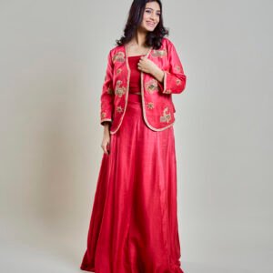 Deep Coral Pink Top and Skirt with Embroidered Floral Jacket