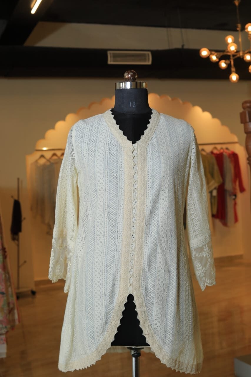 Pastel Yellow Noor Chikankari High-Neck Top & Pant | by Chetaali Guptaah